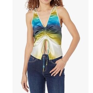 Tie Front Tank Top Sleeveless V Neck Blue Yellow Ombre‎ Casual Party